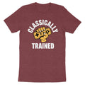 Maroon t-shirt with white text "CLASSICALLY TRAINED" and a cartoon hand holding a video game controller.