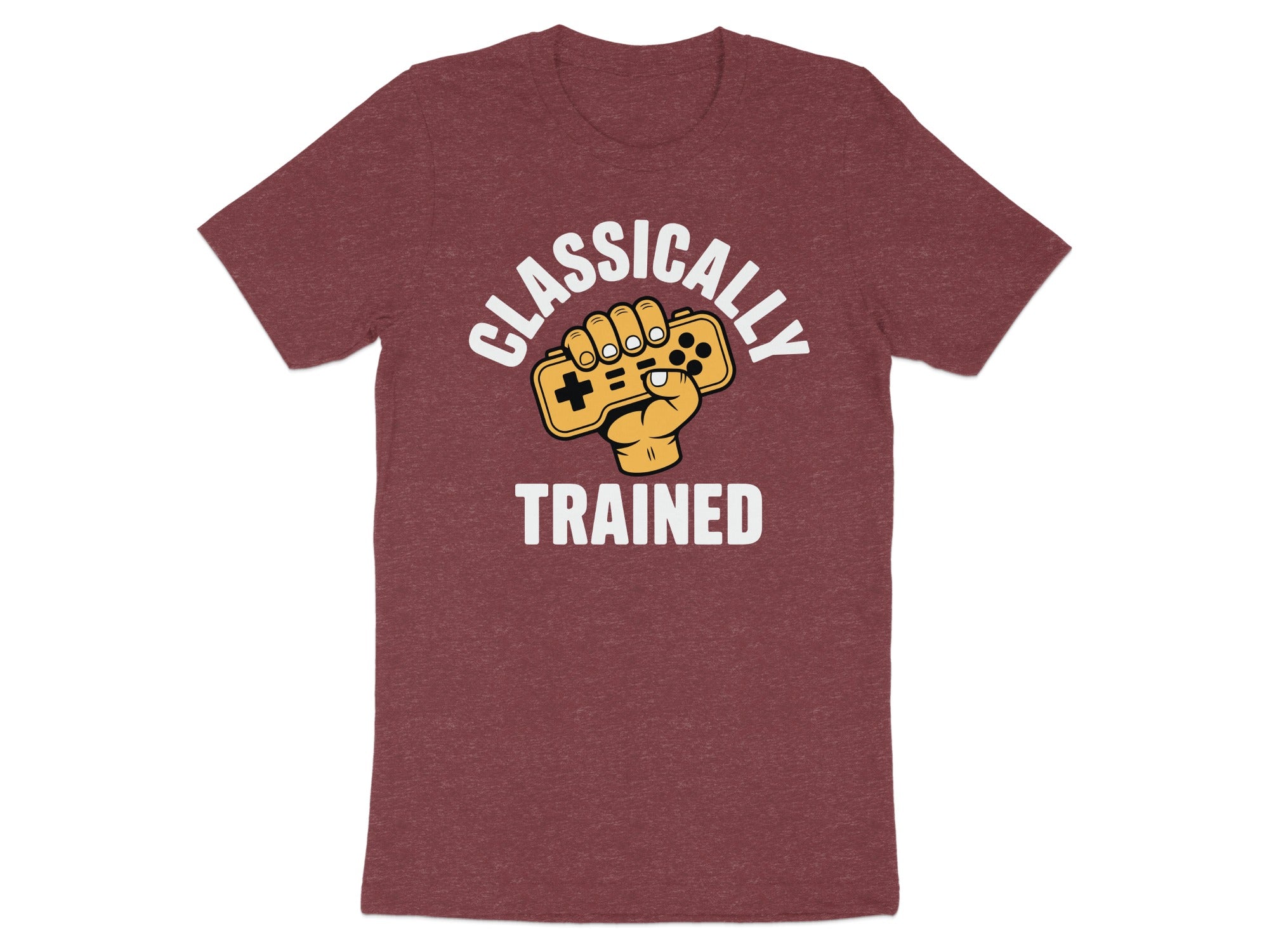 Maroon t-shirt with white text "CLASSICALLY TRAINED" and a cartoon hand holding a video game controller.