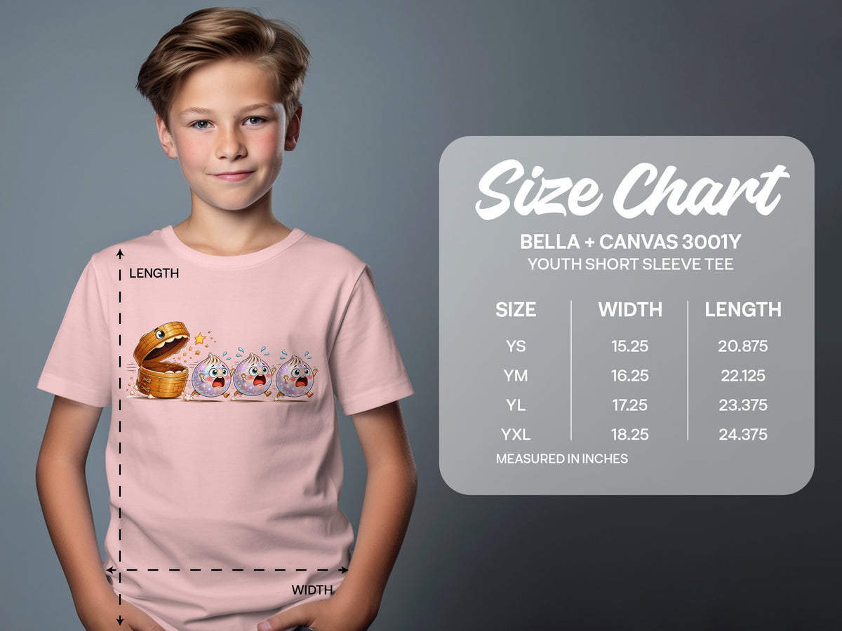 Size chart for Bella + Canvas 3001Y youth short sleeve tee.