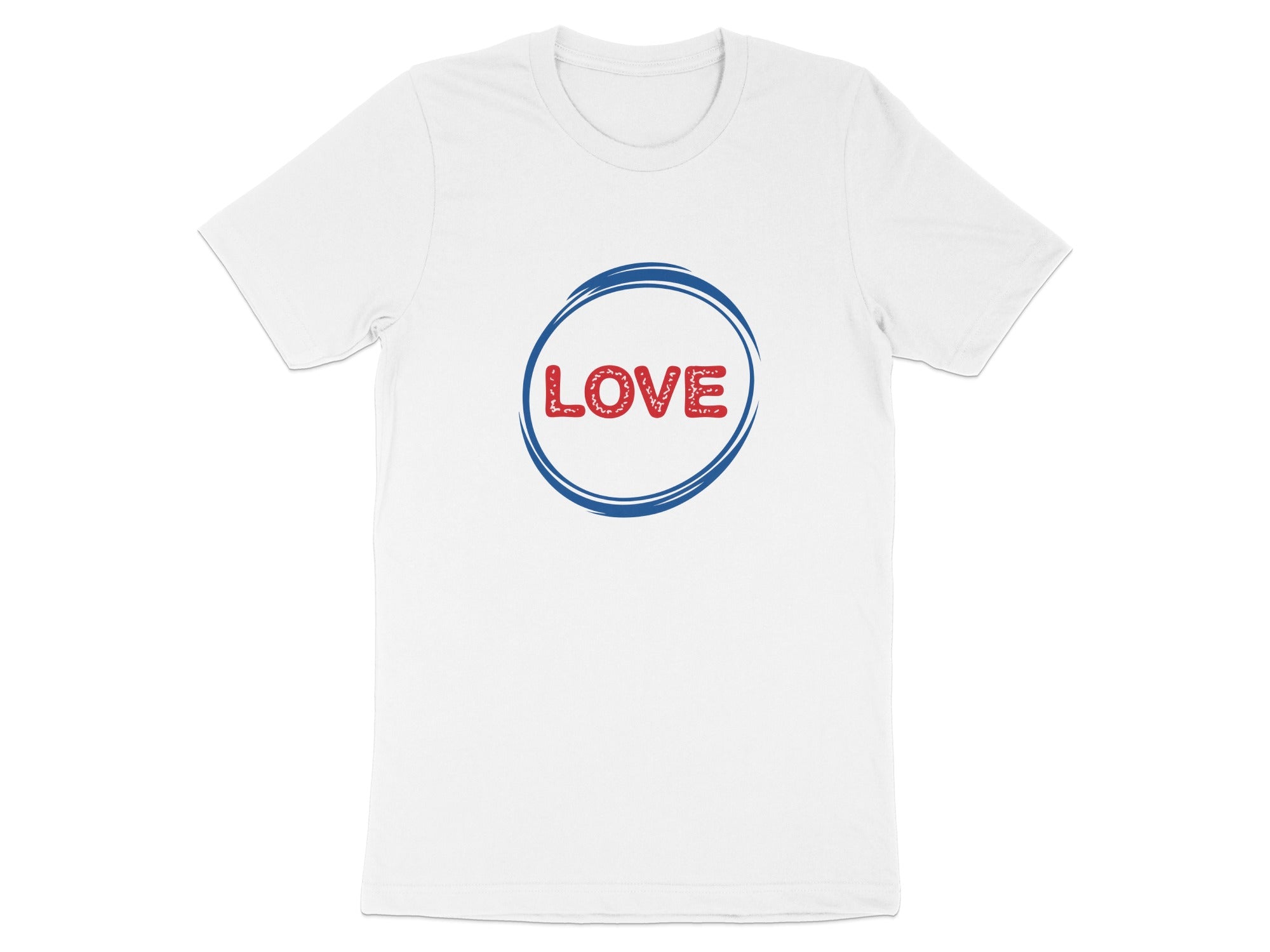 White t-shirt with red "LOVE" text inside a blue circular border.