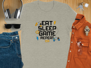 Graphic tee with "Eat Sleep Game Repeat" text, game controllers, and lightning bolts.