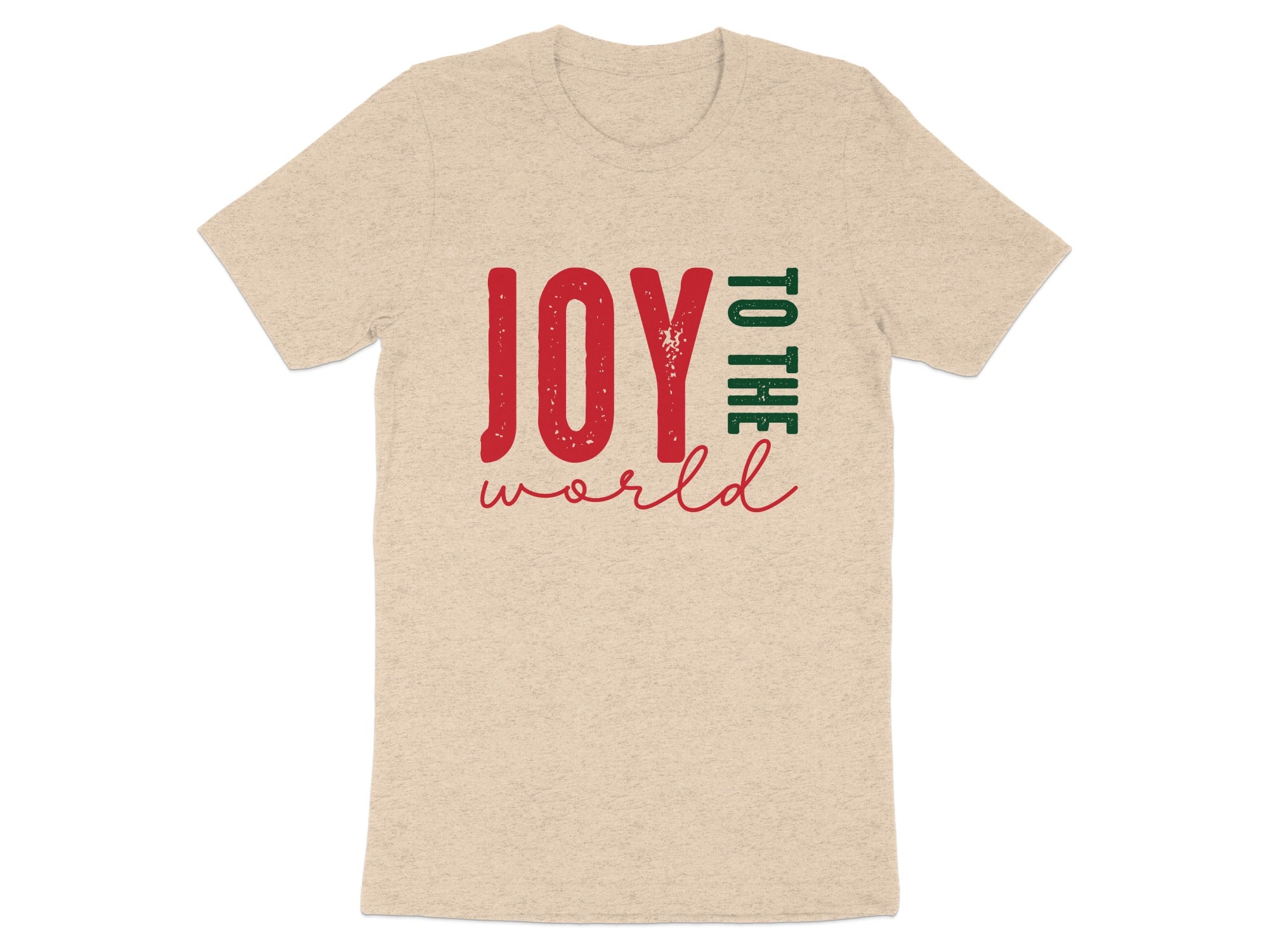 Light tan t-shirt with "JOY TO THE WORLD" graphic in red and green.