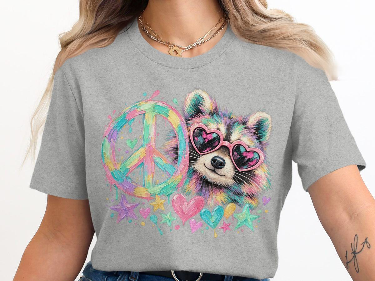 Raccoon wearing heart sunglasses next to a colorful peace sign with hearts and stars.