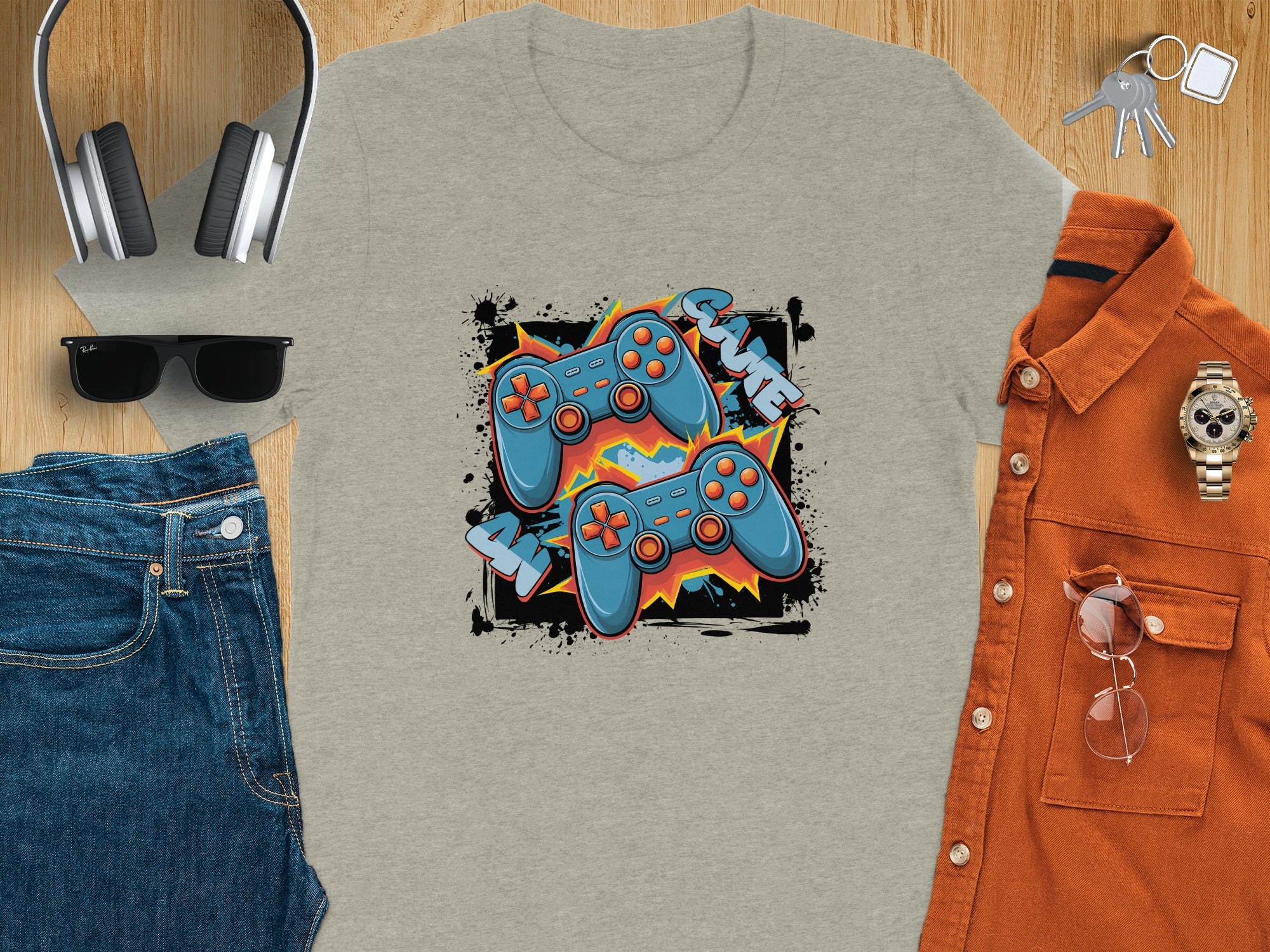 Gray t-shirt with a graphic design of two blue video game controllers and the word "GAME".
