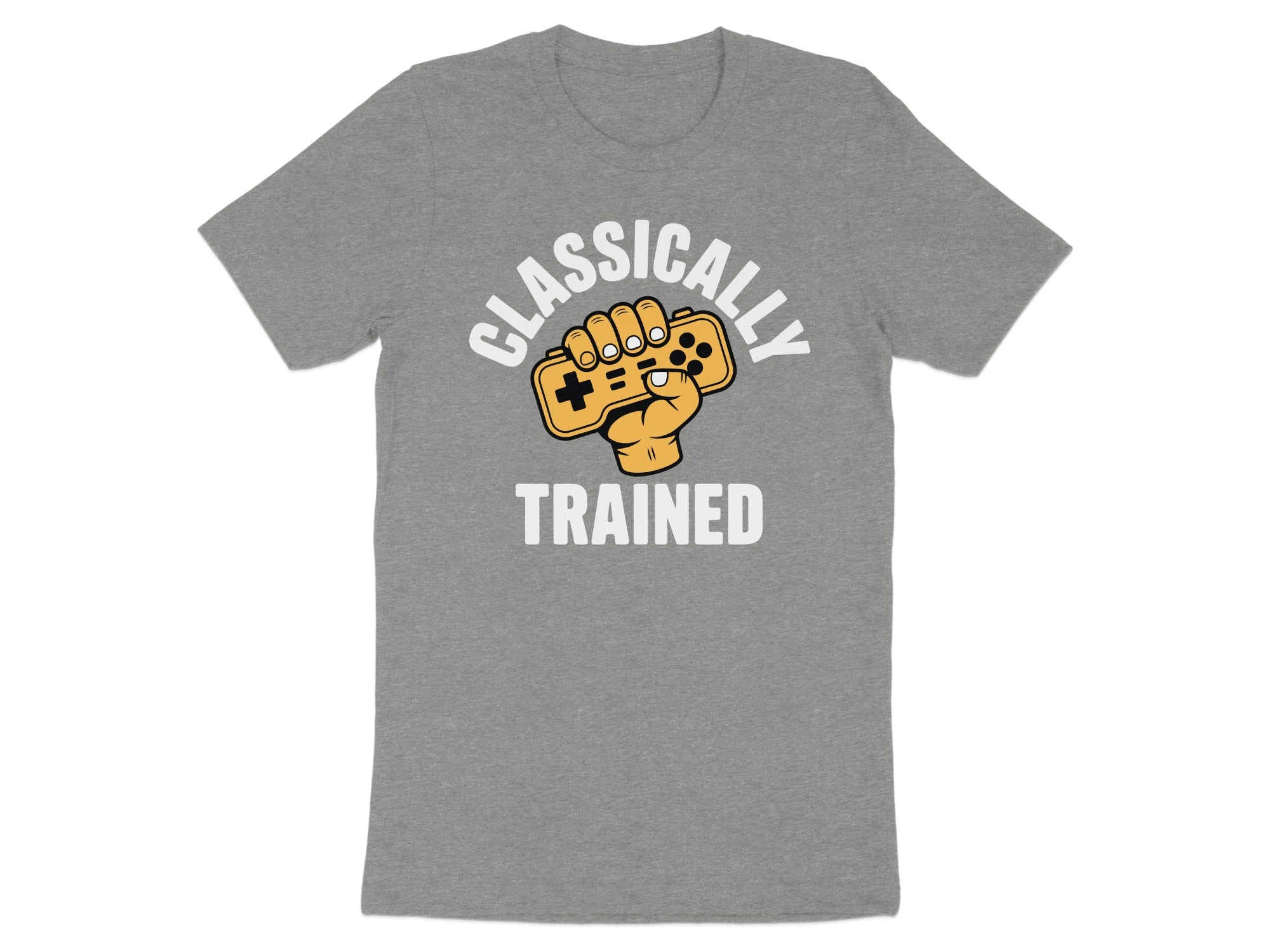 Grey t-shirt with retro video game controller and text "CLASSICALLY TRAINED".