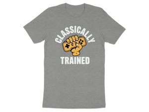 Grey t-shirt with retro video game controller and text "CLASSICALLY TRAINED".