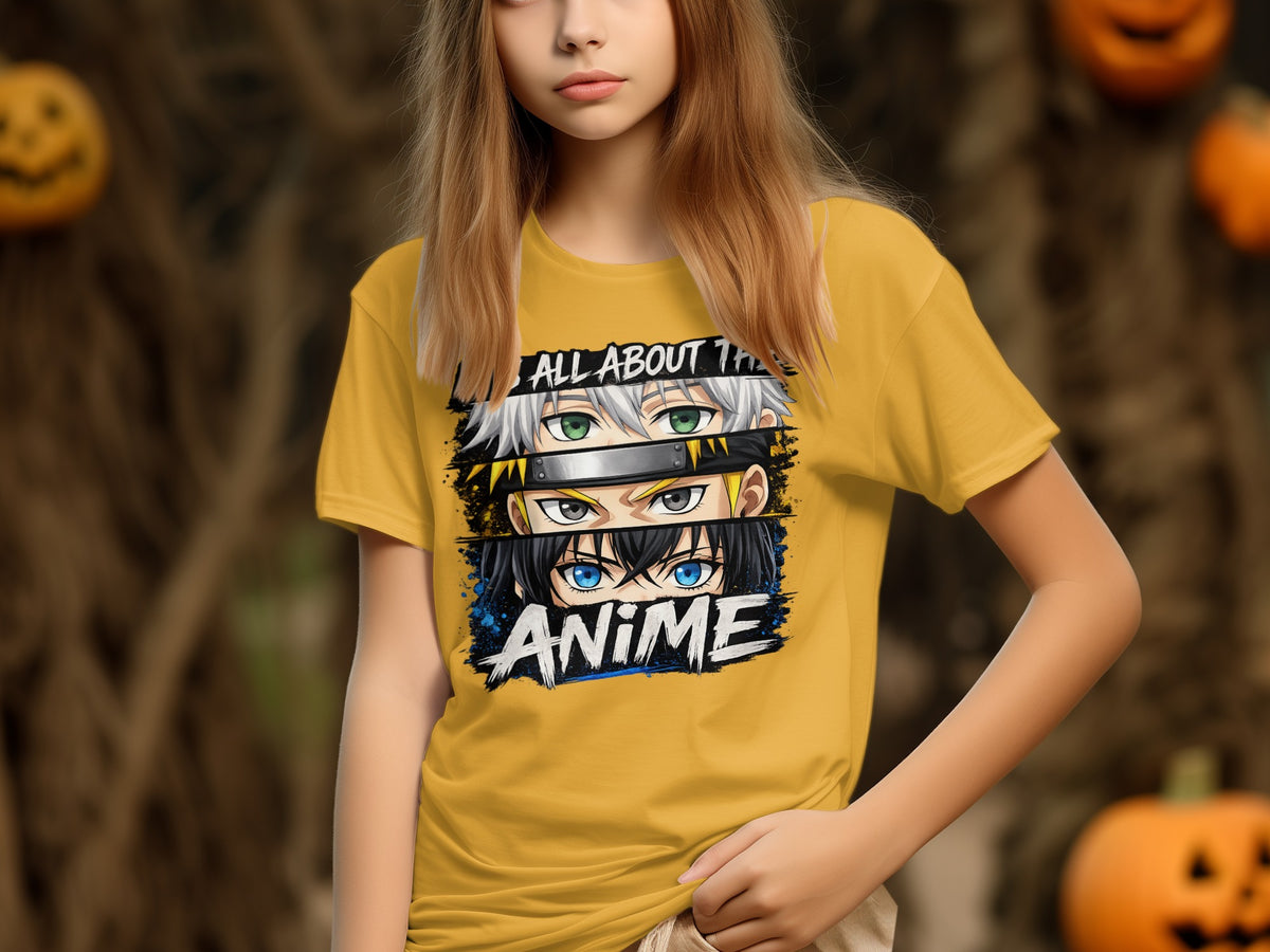 Yellow t-shirt with anime eyes and "ANIME" text design.