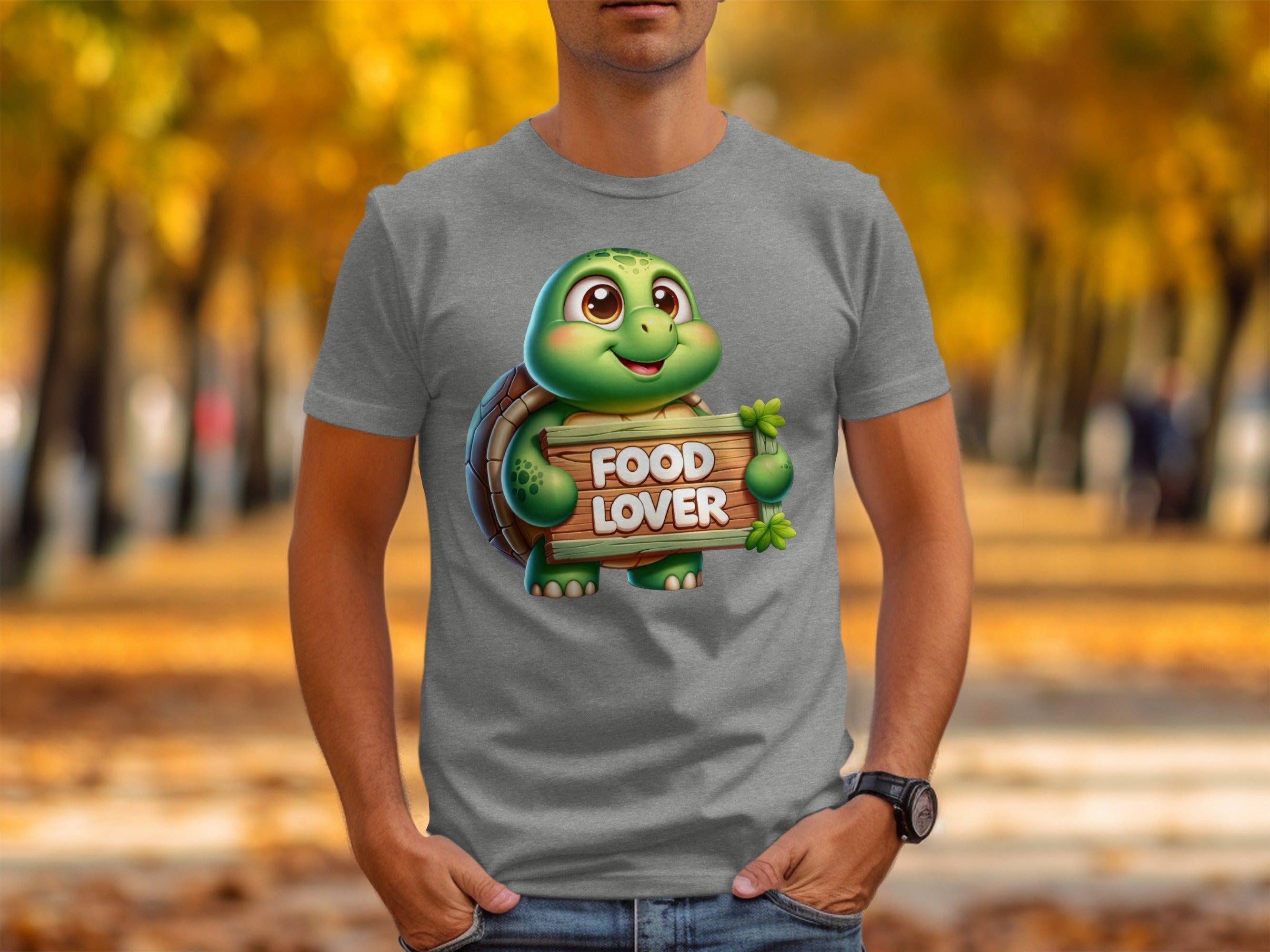 Cute cartoon turtle holding a wooden sign that says "FOOD LOVER".