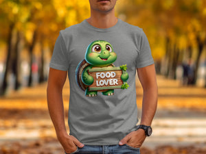 Cute cartoon turtle holding a wooden sign that says "FOOD LOVER".