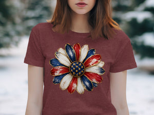 Maroon t-shirt with patriotic sunflower graphic featuring red, white, and blue petals.