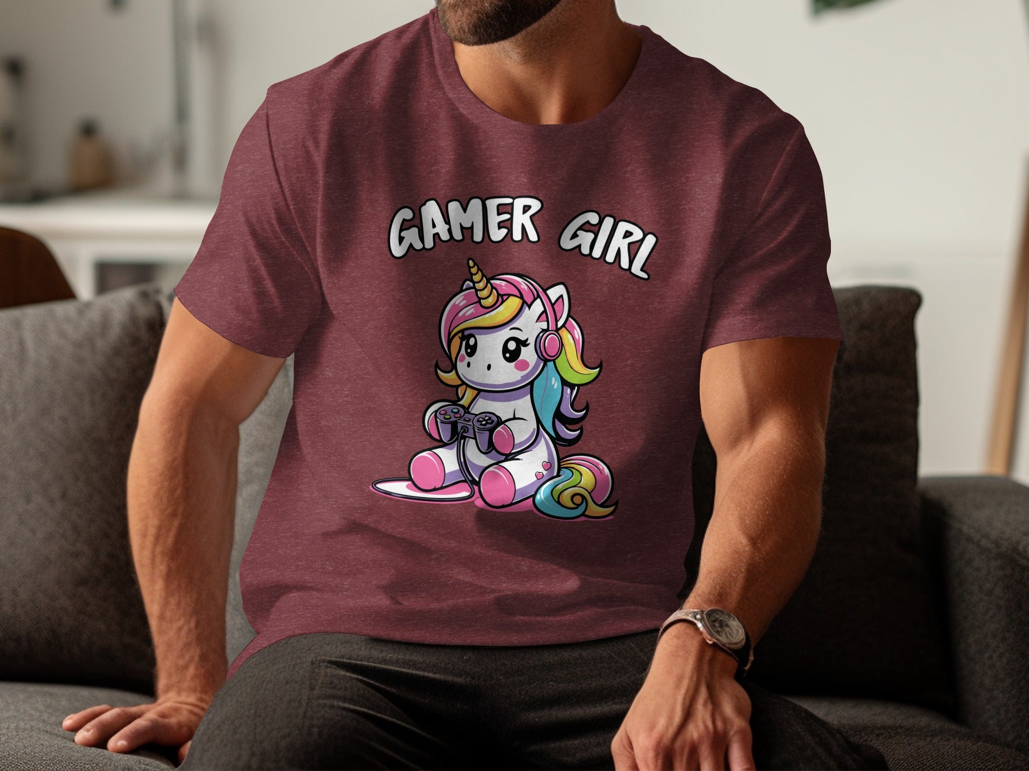 T-shirt with "Gamer Girl" text and a cartoon unicorn playing a video game.