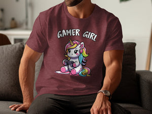 T-shirt with "Gamer Girl" text and a cartoon unicorn playing a video game.