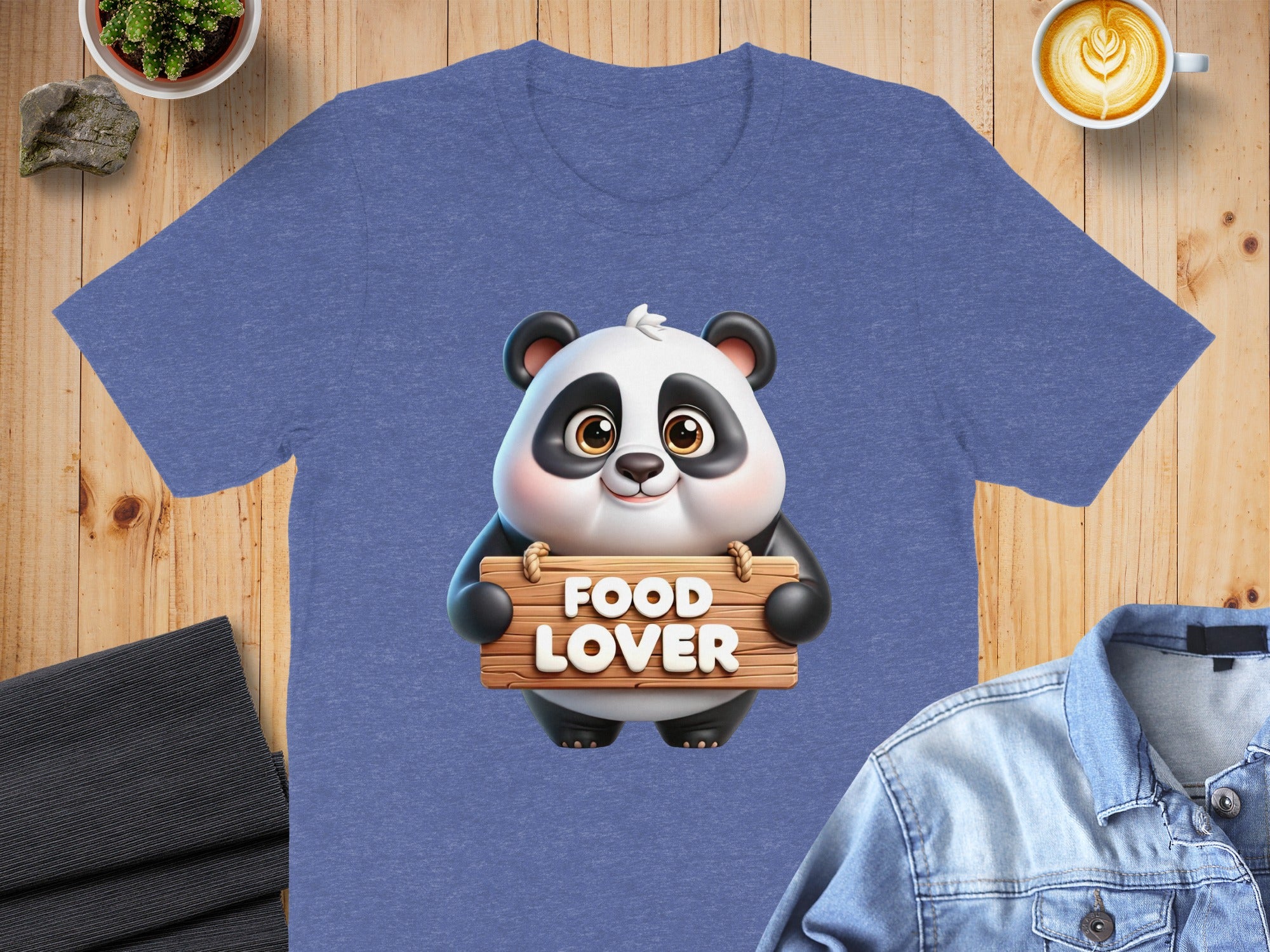 Blue t-shirt with a cartoon panda holding a wooden sign that says "FOOD LOVER".