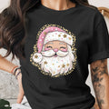 Black t-shirt with a cartoon Santa Claus face and leopard print frame.