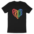 Black t-shirt with a rainbow heart graphic spelling "PRIDE".