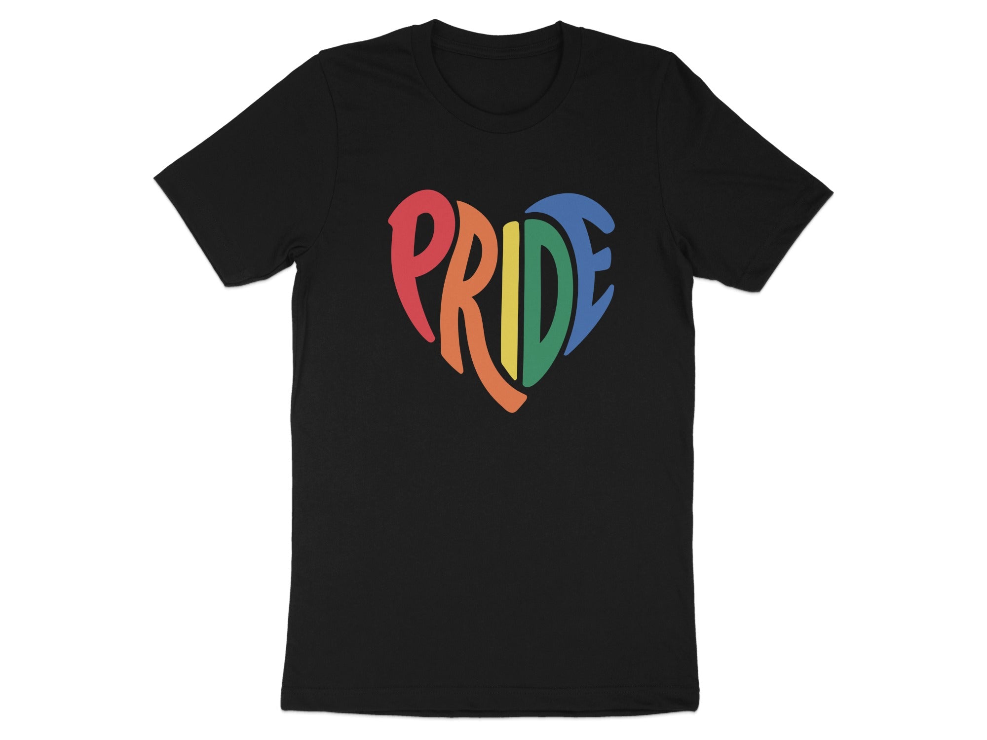 Black t-shirt with a rainbow heart graphic spelling "PRIDE".