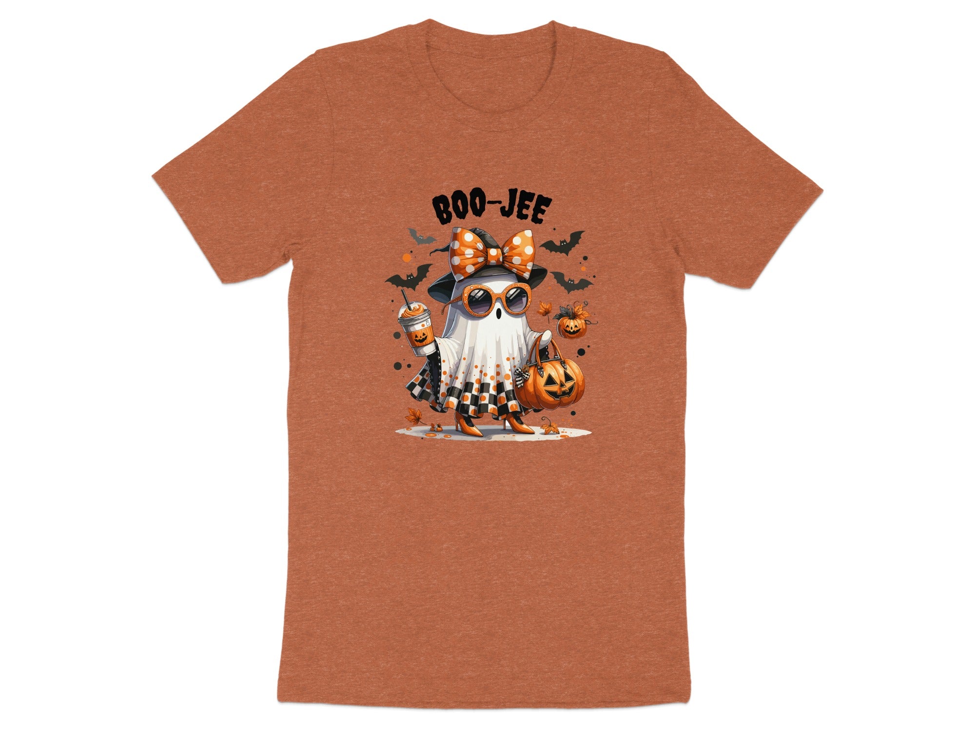 Ghost wearing sunglasses and holding a pumpkin with "BOO-JEE" text.