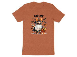 Ghost wearing sunglasses and holding a pumpkin with "BOO-JEE" text.