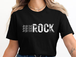 Black t-shirt with "Jingle Bell Rock" graphic text.