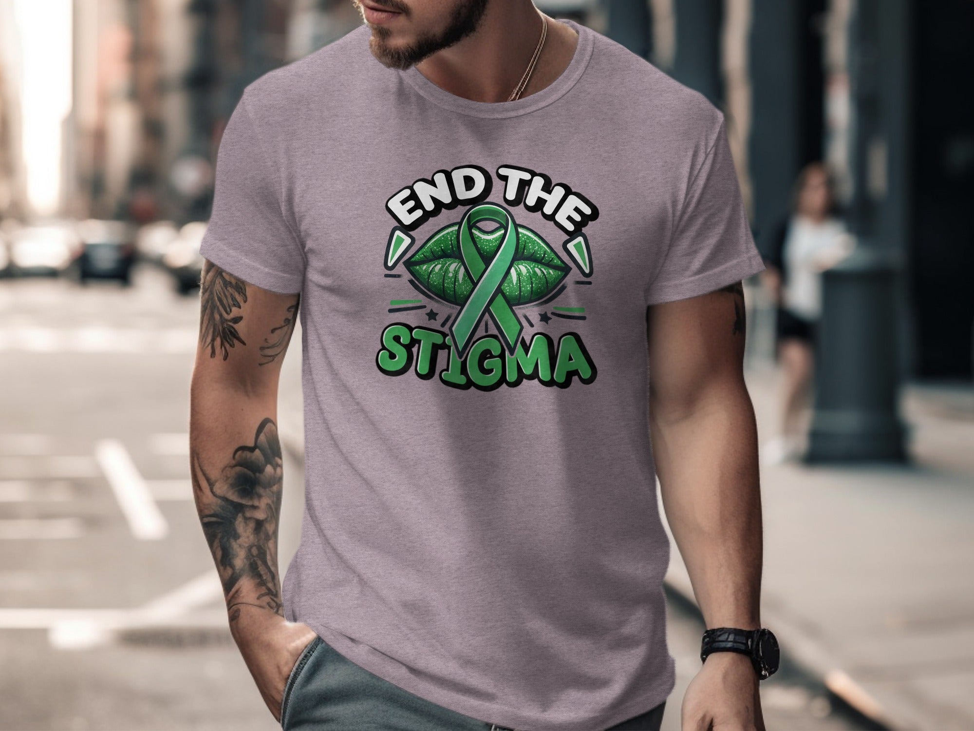 T-shirt with "End the Stigma" text and green ribbon over lips.