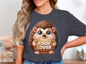 Cute cartoon hedgehog holding a wooden sign with "FOOD LOVER" text.