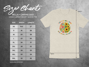 Bella + Canvas 3001 unisex tee size chart with width and length measurements.