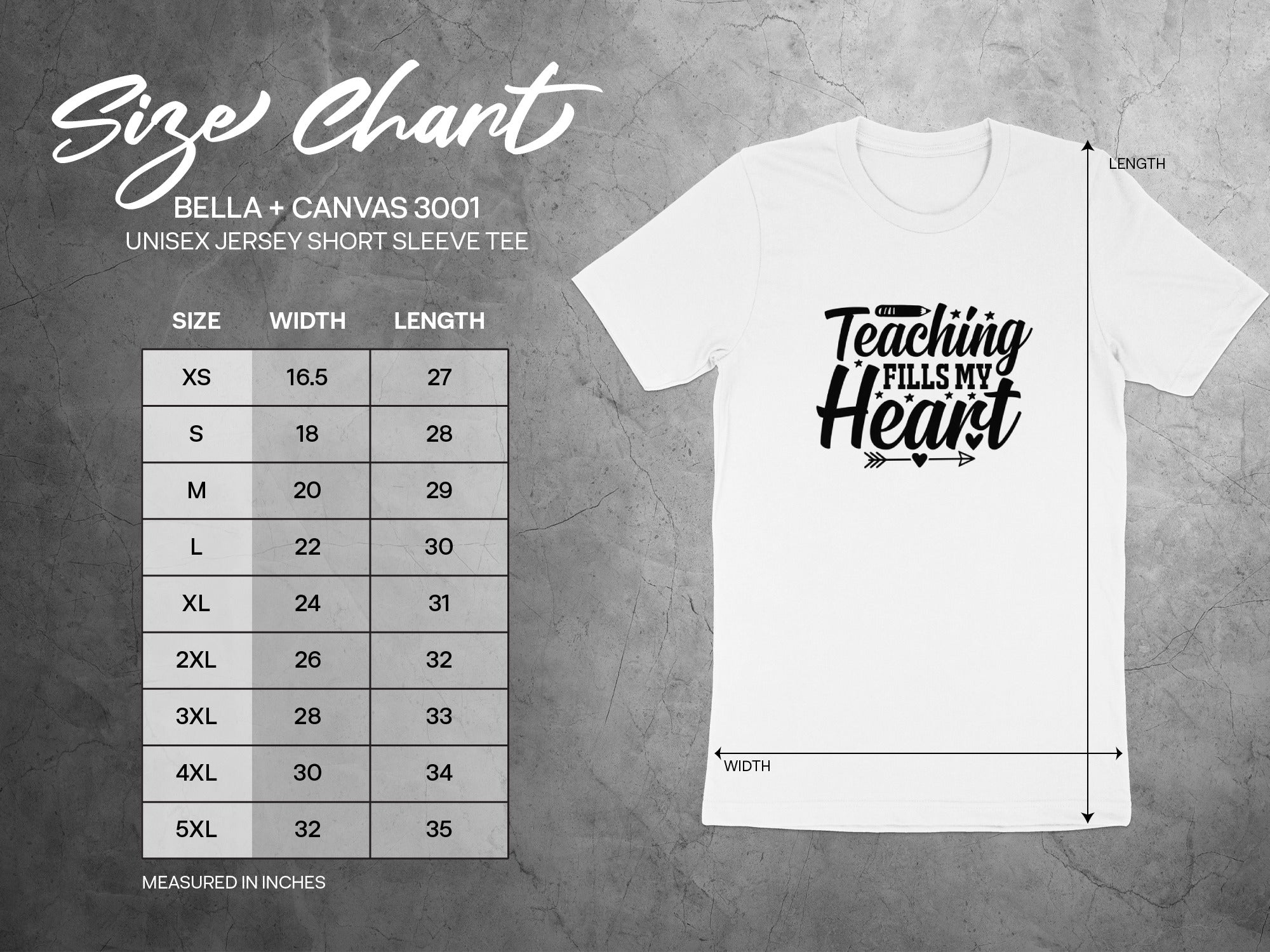 BELLA+CANVAS 3001 Unisex tee size chart with measurements in inches.