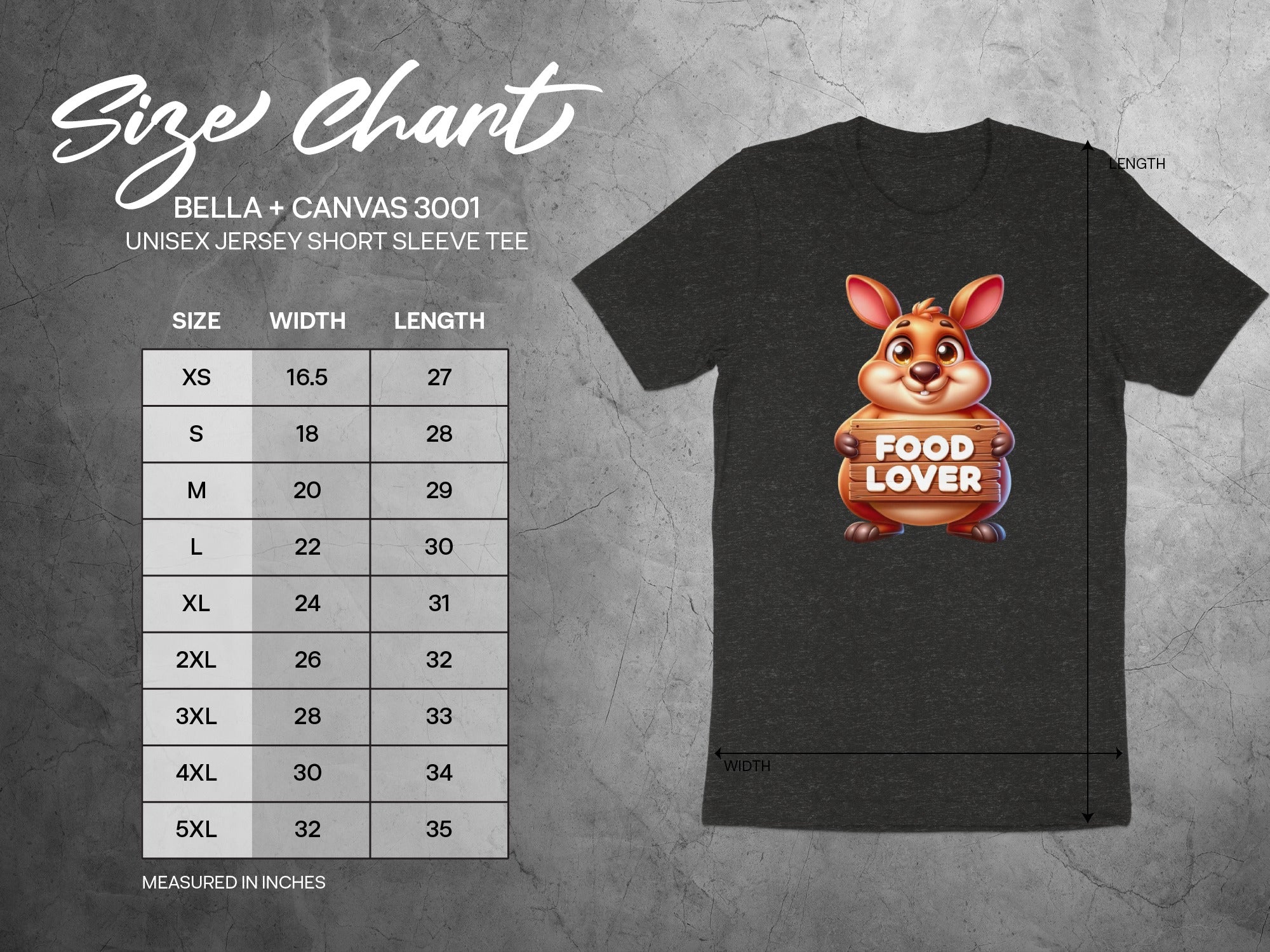 Size chart for Bella + Canvas 3001 unisex short sleeve tee with cartoon character.