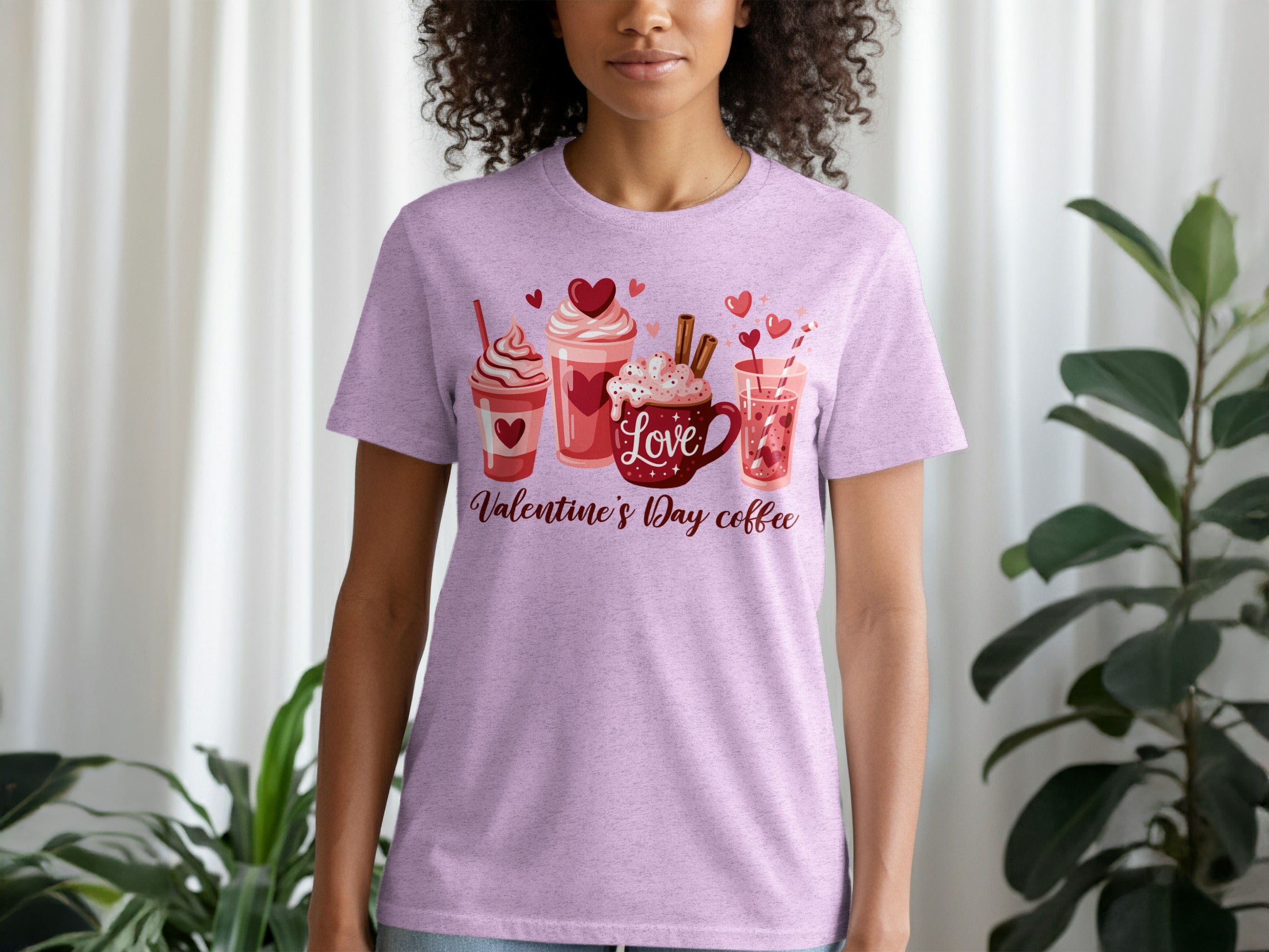 Purple t-shirt with Valentine's Day coffee and hearts graphic.