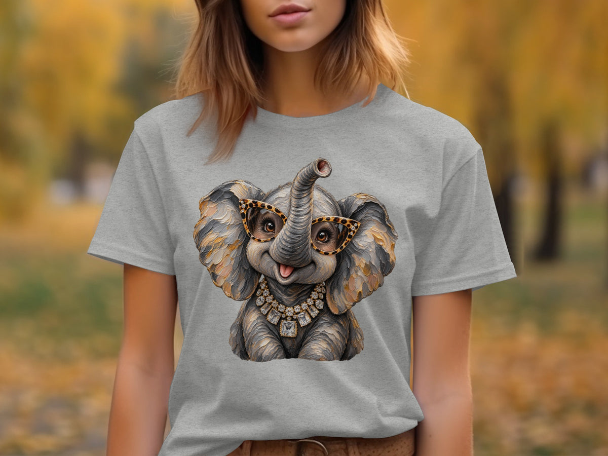 Grey t-shirt with a graphic of a cartoon elephant wearing glasses and a diamond necklace.