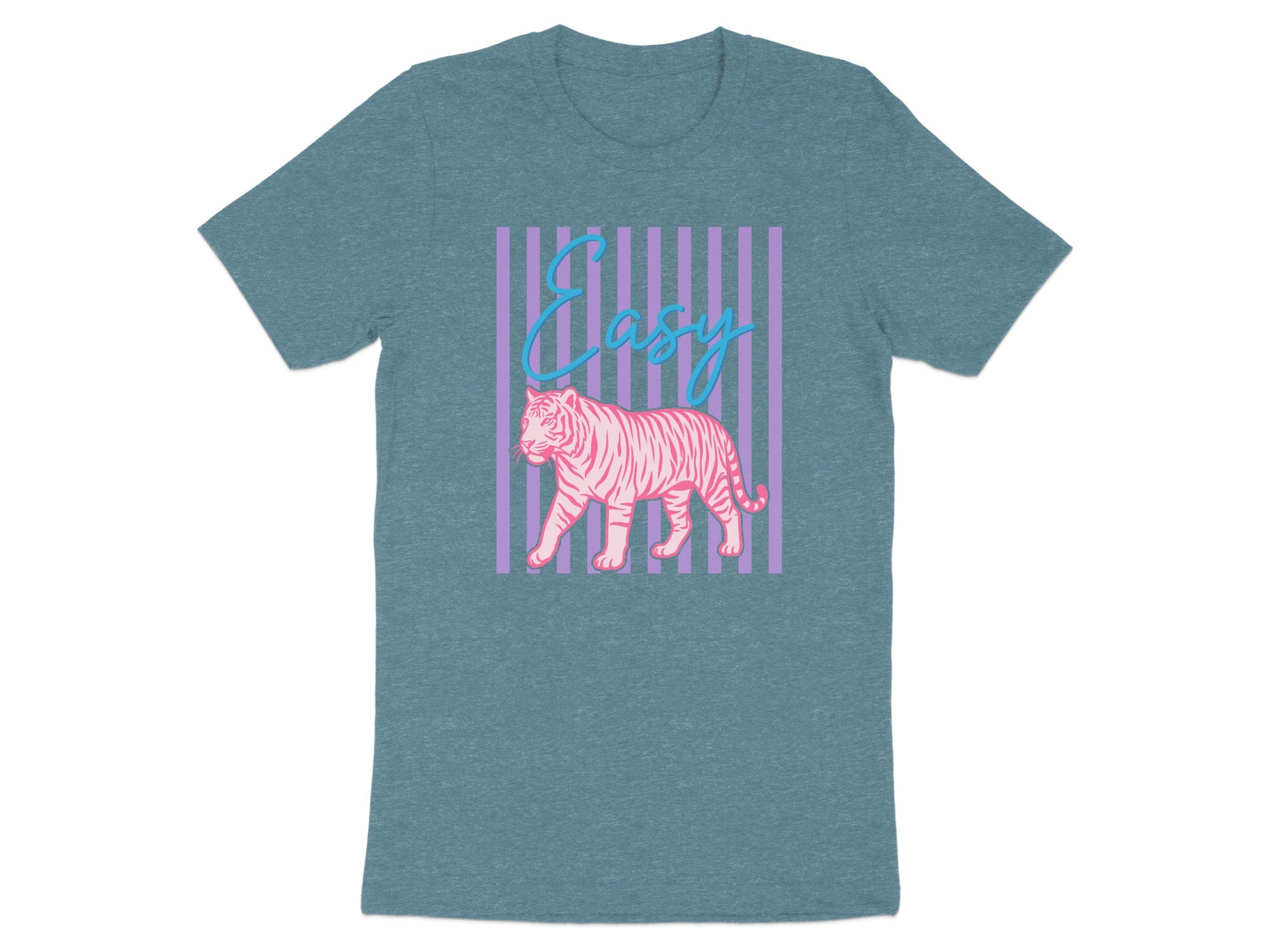 Teal t-shirt with a pink tiger walking across purple stripes and blue "Easy" text.