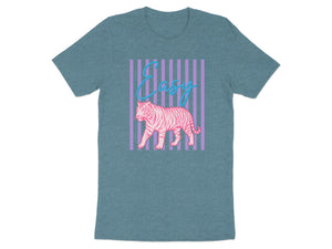 Teal t-shirt with a pink tiger walking across purple stripes and blue "Easy" text.