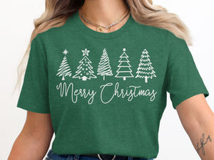 Green t-shirt with white Christmas trees and "Merry Christmas" text.