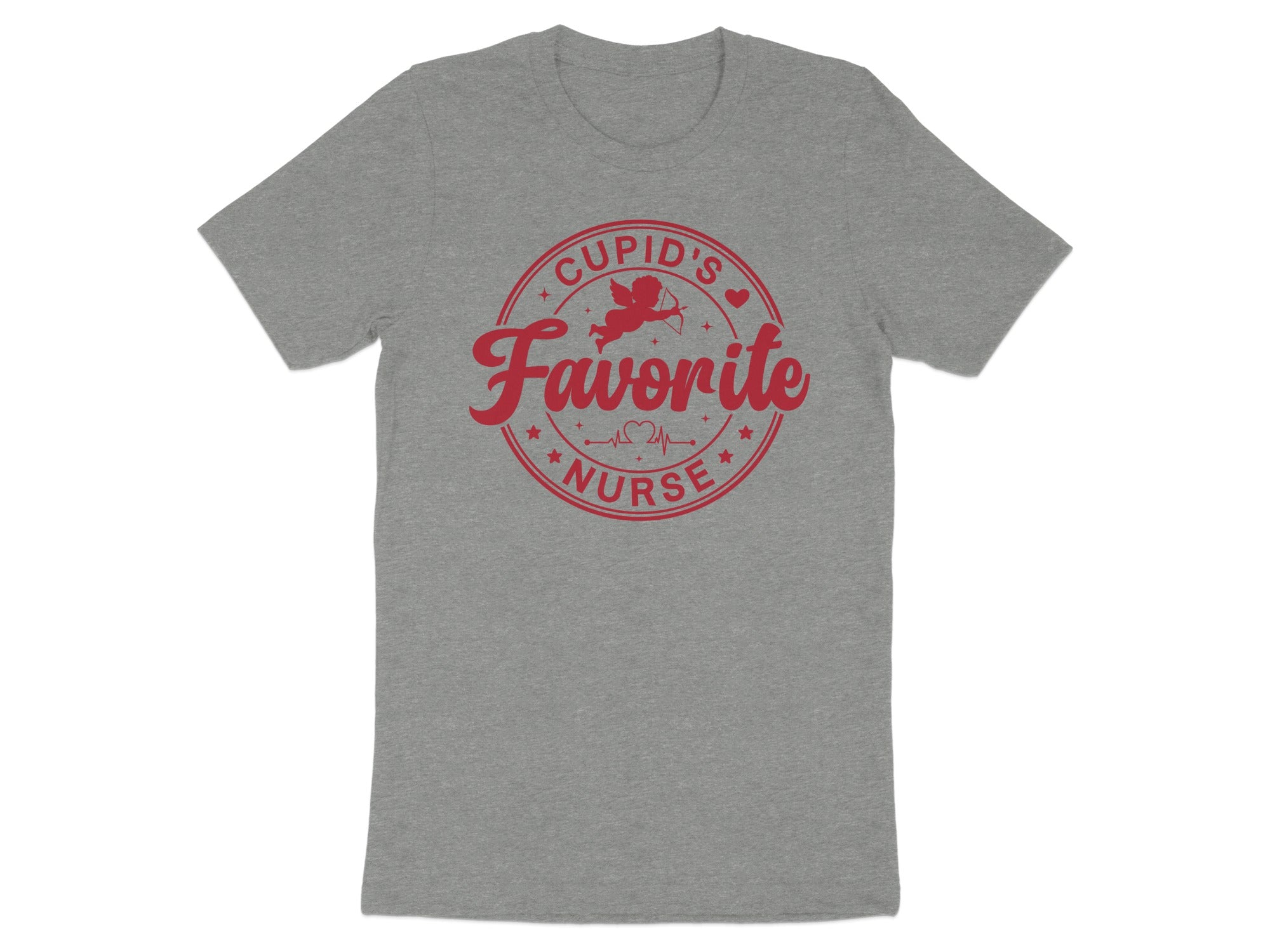 Grey t-shirt with red "Cupid's Favorite Nurse" graphic featuring a cupid and heartbeat line.