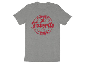 Grey t-shirt with red "Cupid's Favorite Nurse" graphic featuring a cupid and heartbeat line.