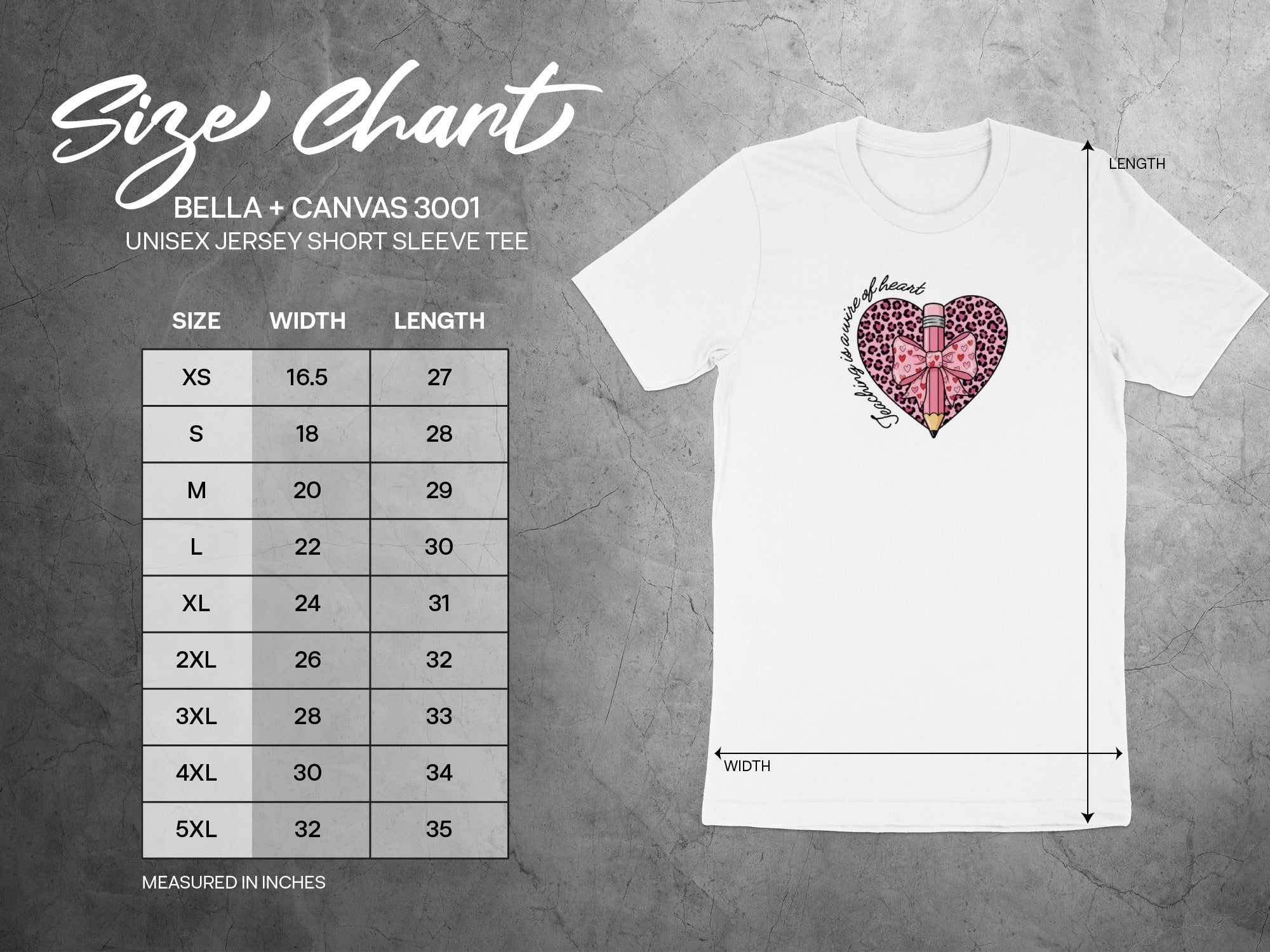 Bella + Canvas 3001 unisex jersey short sleeve tee size chart with width and length measurements.