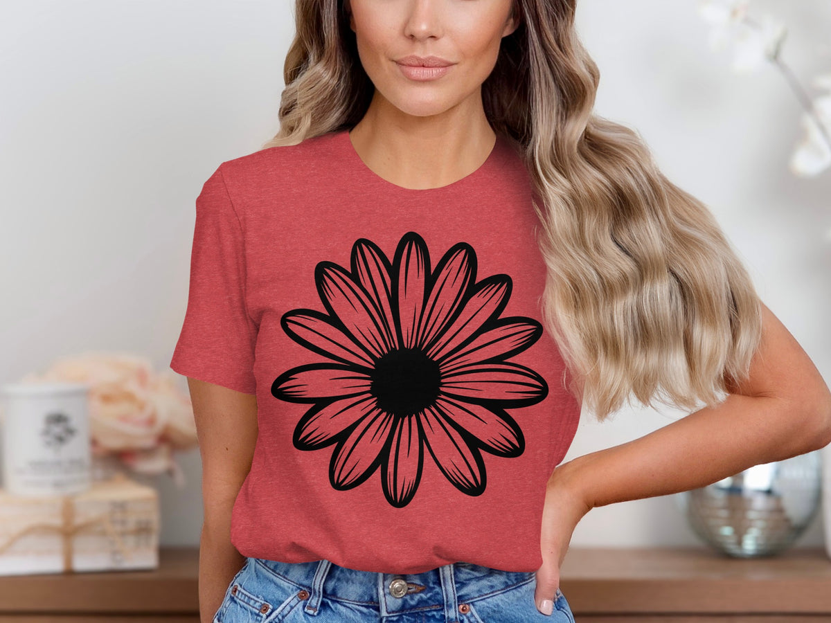Red t-shirt with a black outline daisy graphic on the front.
