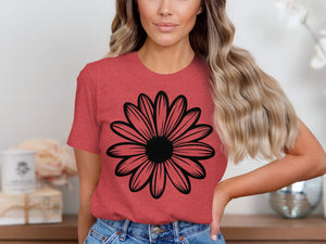 Red t-shirt with a black outline daisy graphic on the front.
