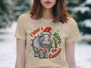 Illustration of a hippo wearing a Santa hat and Christmas lights, with text.