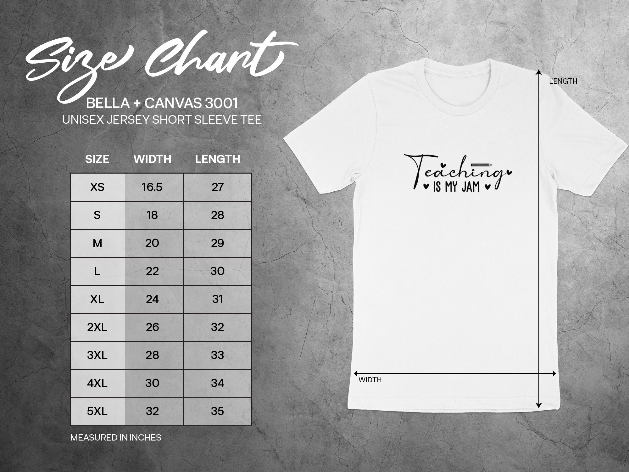 Bella + Canvas 3001 unisex tee size chart with width and length measurements.