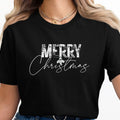 Black t-shirt with distressed white text "MERRY Christmas" and mistletoe graphic.