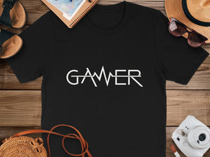 Black t-shirt with white "GAMER" text in a stylized electrocardiogram font.