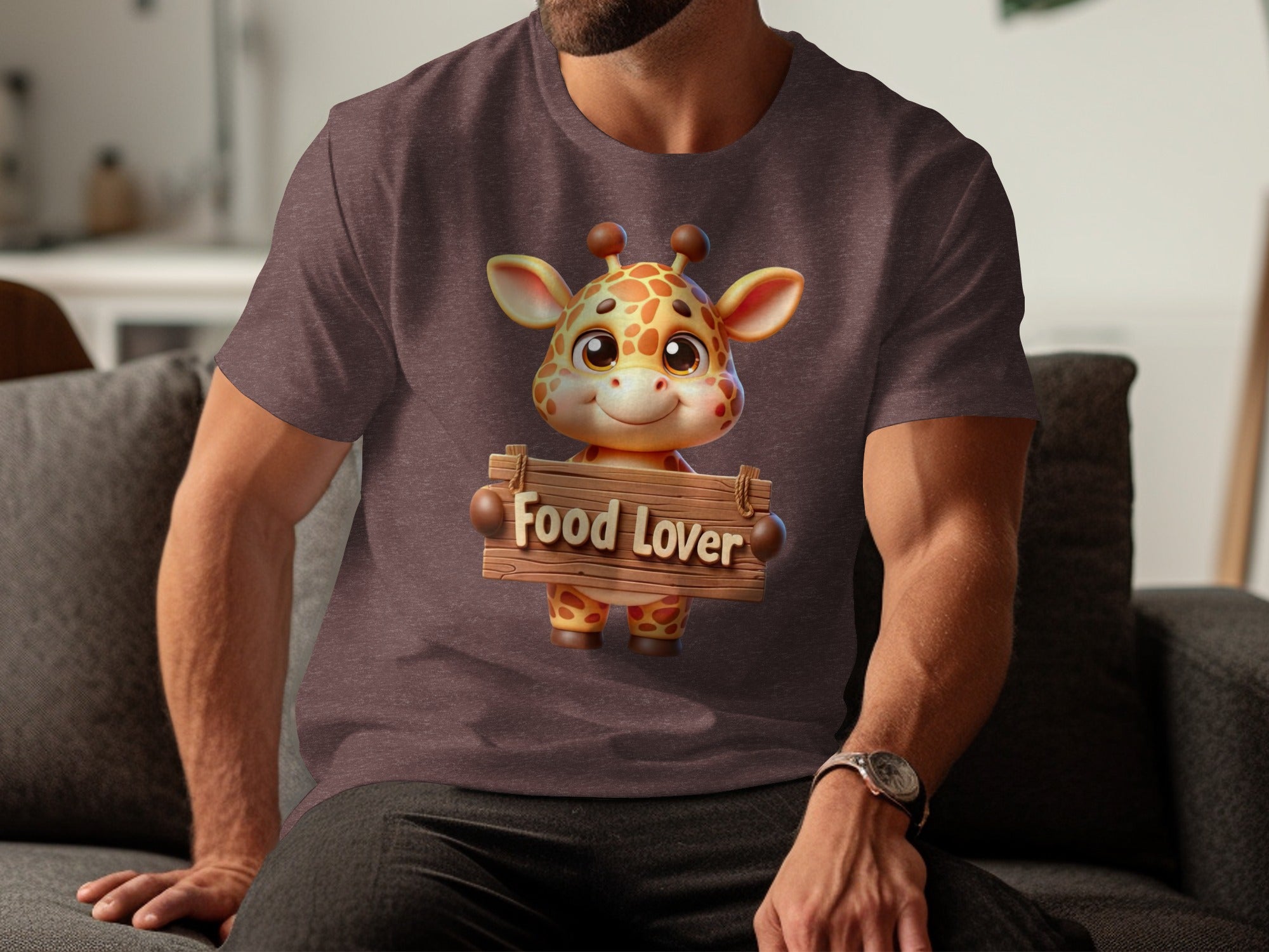 Charming cartoon giraffe holding a wooden sign that reads "Food Lover".