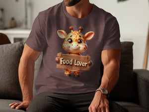 Charming cartoon giraffe holding a wooden sign that reads "Food Lover".