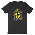 Dark grey t-shirt with a colorful lemon and floral art print.