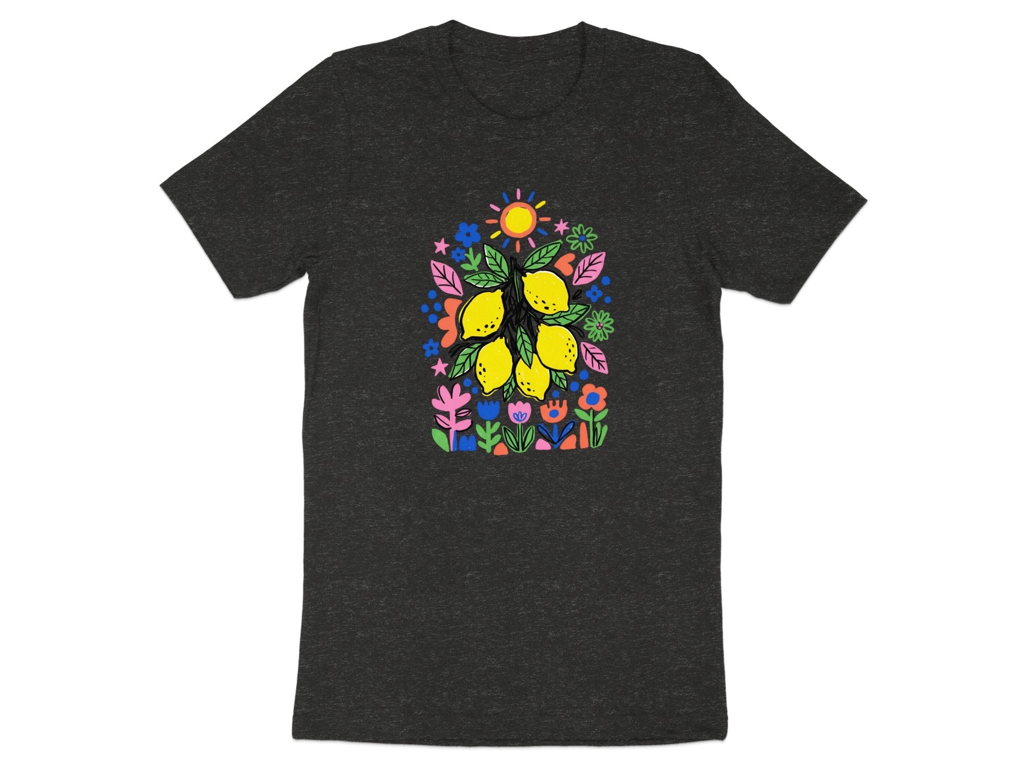 Dark grey t-shirt with a colorful lemon and floral art print.