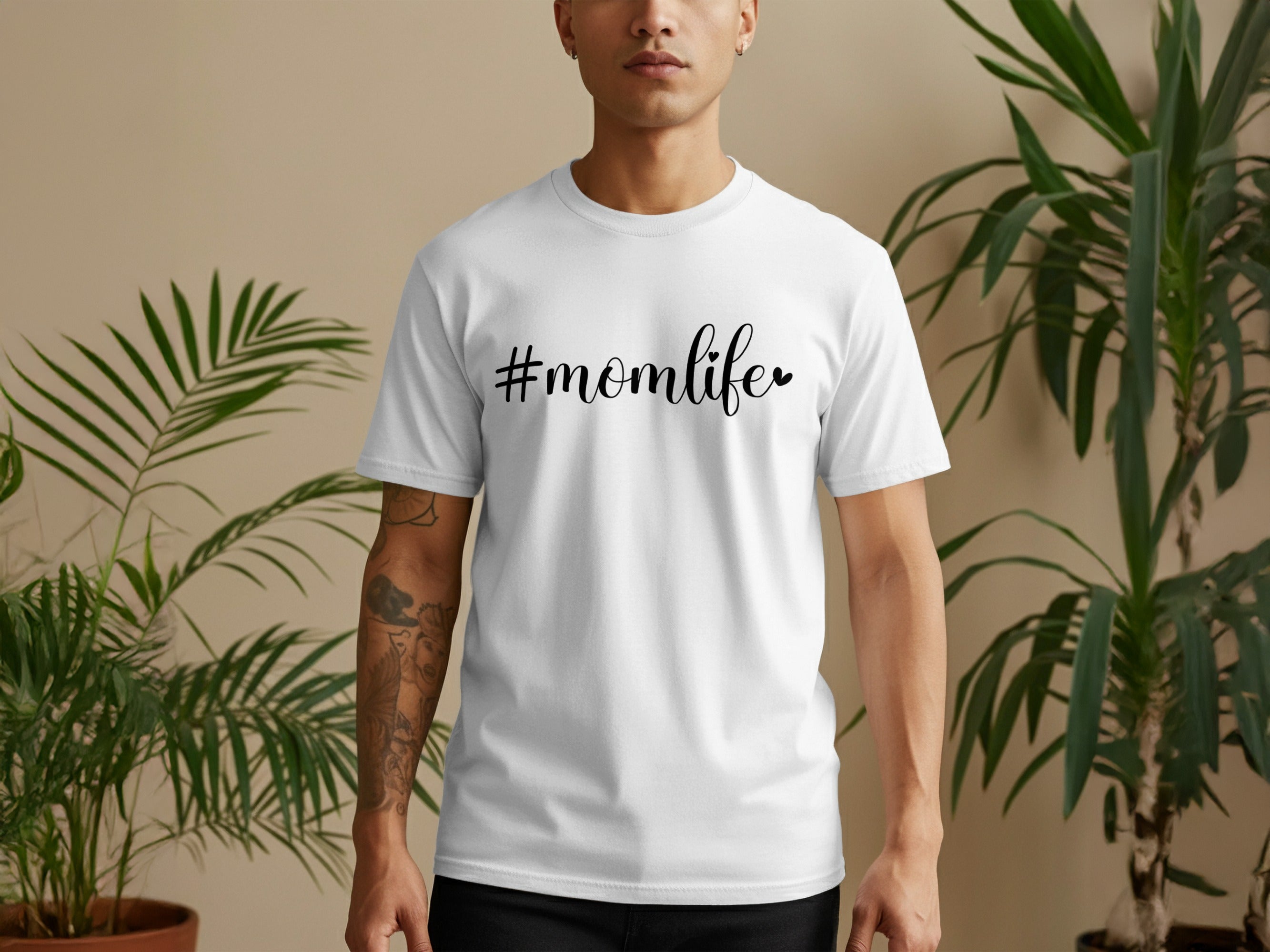 White t-shirt with black text "#momlife" and a heart