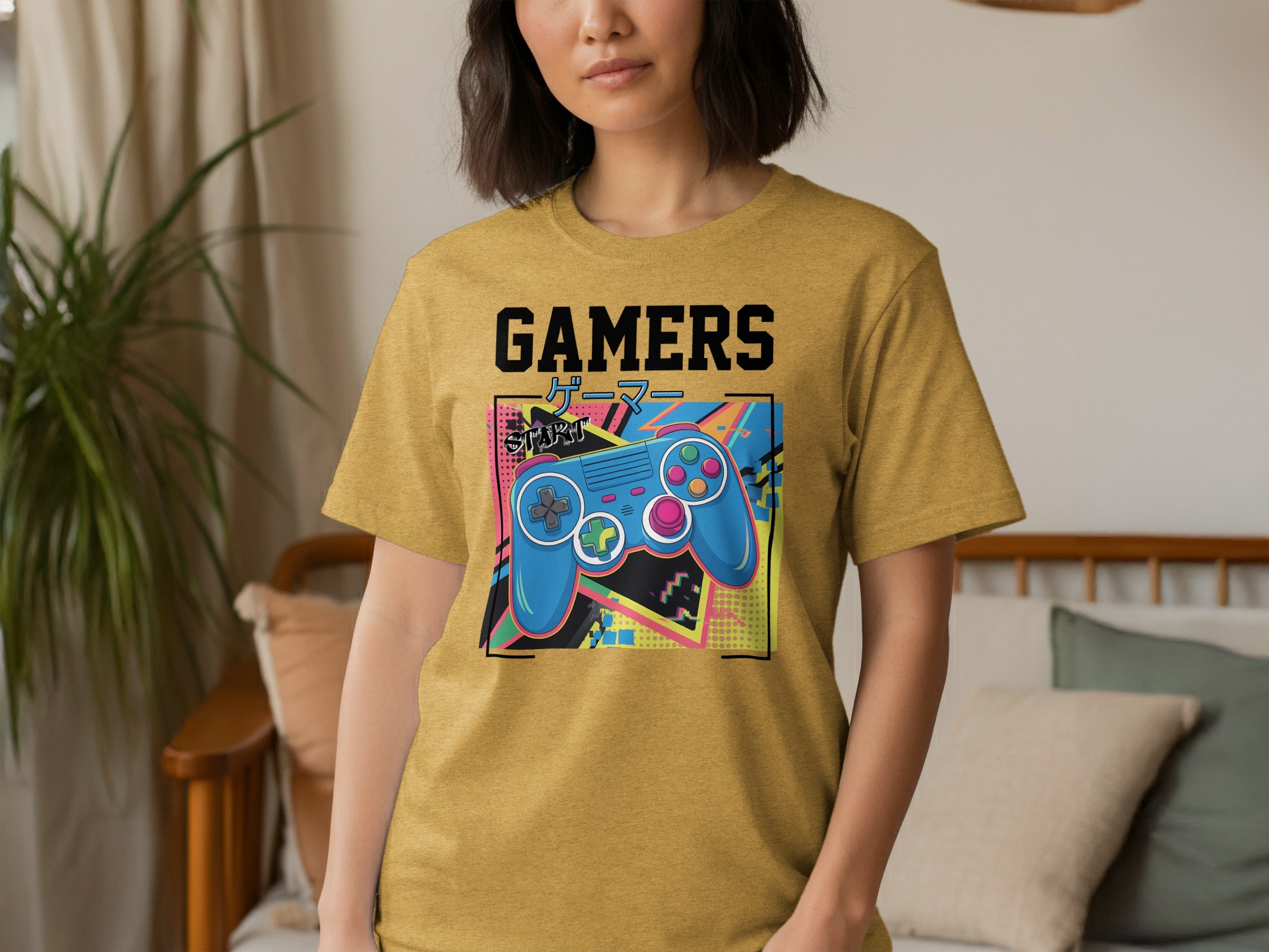 Yellow t-shirt with "GAMERS" text and a blue video game controller graphic.