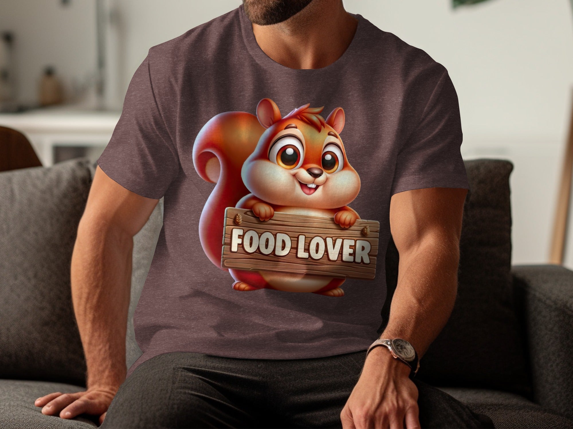 Cartoon squirrel holding a wooden sign with "FOOD LOVER" text.