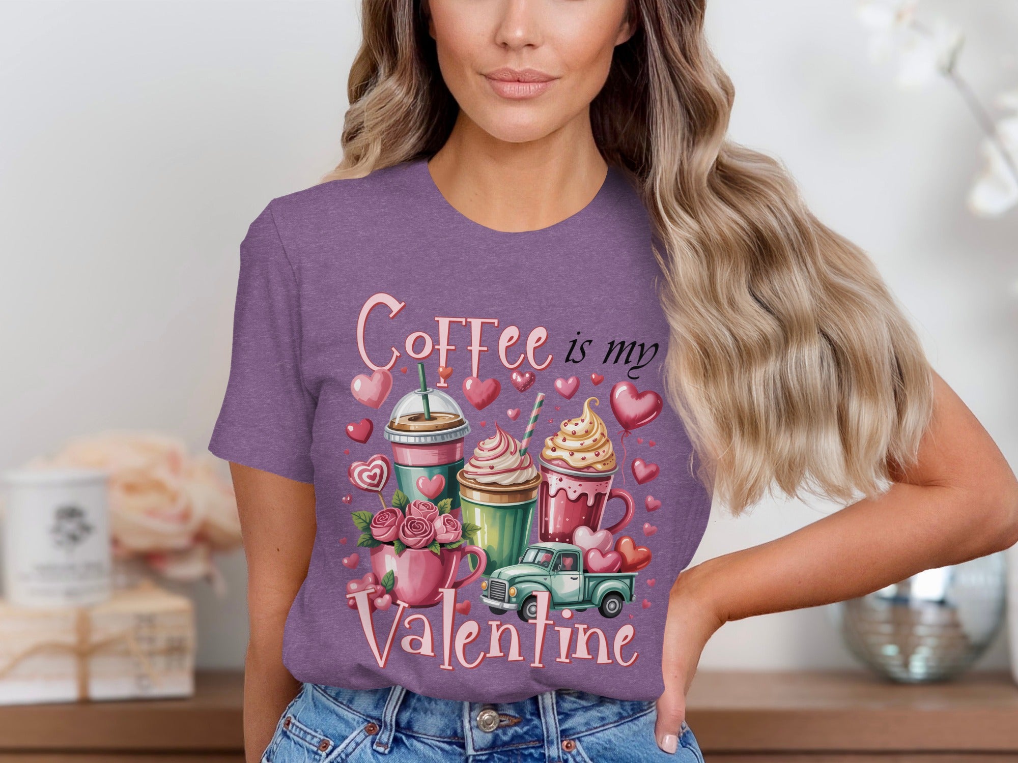 Graphic art of coffee drinks, a truck, hearts, and roses with "Coffee is my Valentine" text.